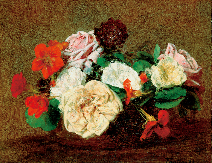  方丹·拉图尔 Fantin-Latour 玫瑰和水田芥 Roses and Nasturtiums in a Vase